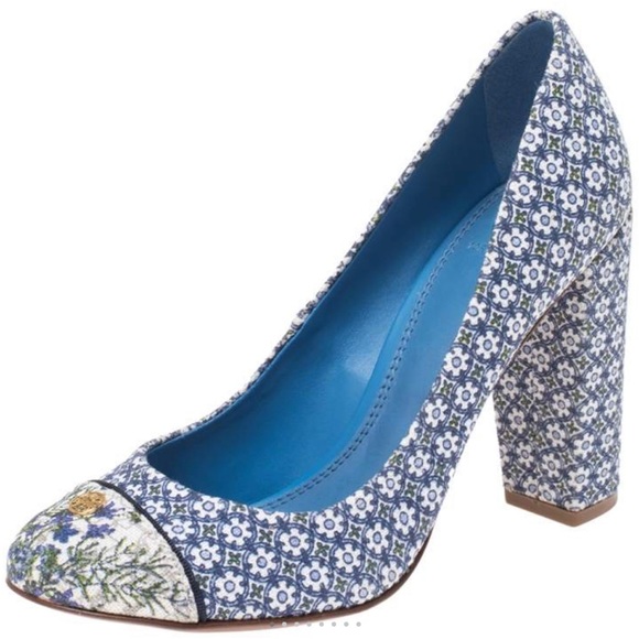 Tory Burch Blue Printed Canvas Ethel Pumps